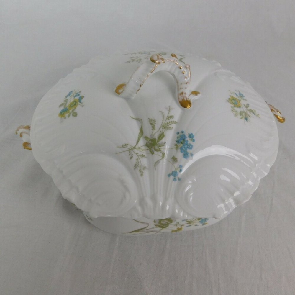 M Redon Limoges 5069 Blue Yellow Flowers Covered Serving Bowl Handles Vintage